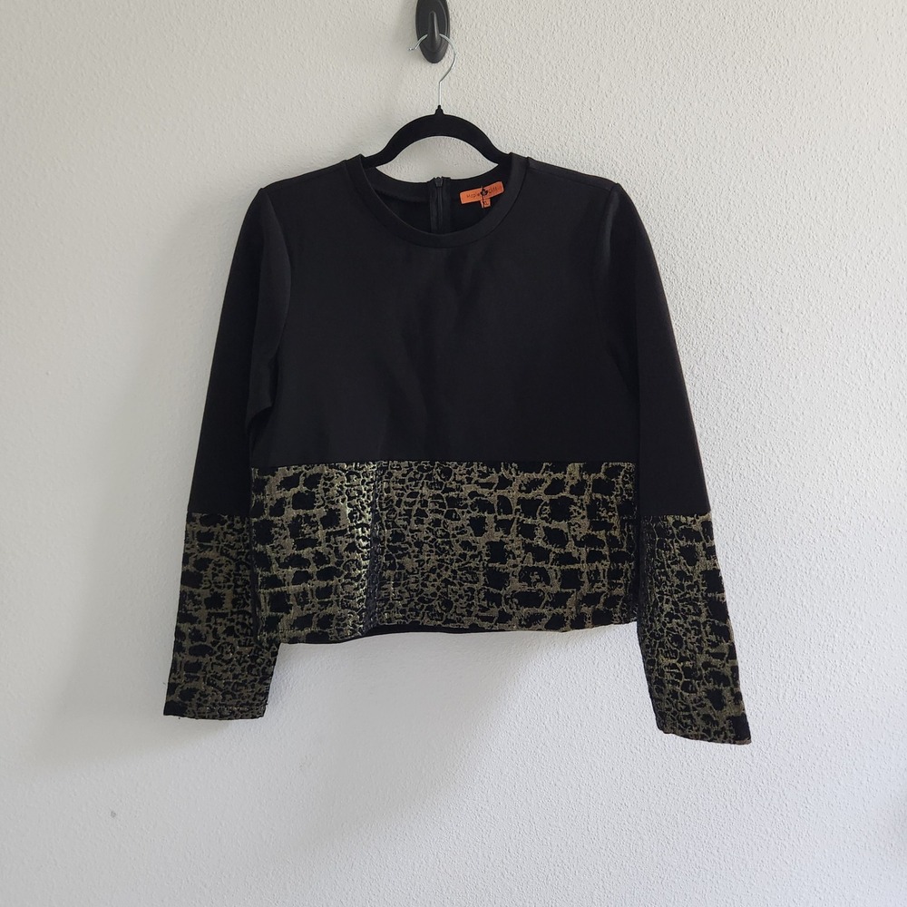 NWT Womens XL Black Gold Metallic Print Long Sleeve Zipper Top